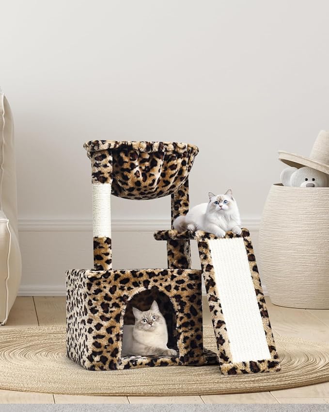 SYANDLVY Leopard Print Cat Tree for Indoor Cats, Small Cat Tower with Scratching Post & Board, Modern Activity House Condo with Cradle, Hanging Ball for Play, Kittens Cave