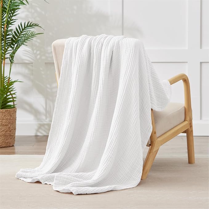 100% Cotton Muslin Blanket King 108" x 90", 6 Layers Breathable and Lightweight Cotton Throw Blanket for Bed, Soft Quilt Bedspread Coverlet, Gauze Blanket for Adults All Season, White