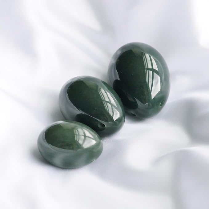 Nephrite Jade Stone Eggs 3-Piece Set – Large, Medium & Small | Side-Drilled, Smooth Hand-Polished Natural Stone with String, Cleaning Brush, Instructions & Certificates | Polar Jade