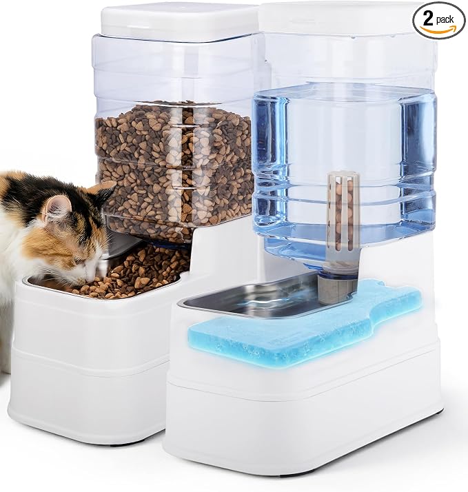 2 Pack Automatic Cat Feeder and Water Dispenser 1.3Gallon Dog Gravity Food Feeder and Water with Ice Pack Stainless Steel Dry Food and Waterer Bowl for Small Medium Large Pets (White)