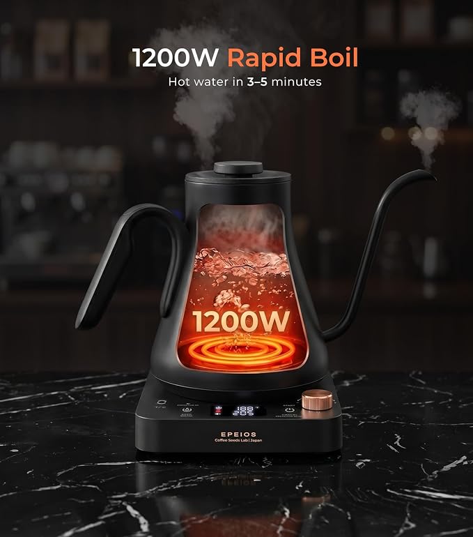 Epeios Electric Kettle, Gooseneck Electric Kettle with ±1°F Temperature Control, 1200W Rapid Heating for Pour Over Coffee & Tea, 304 Stainless Steel Interior, Auto Shut-Off, 0.9L, Black