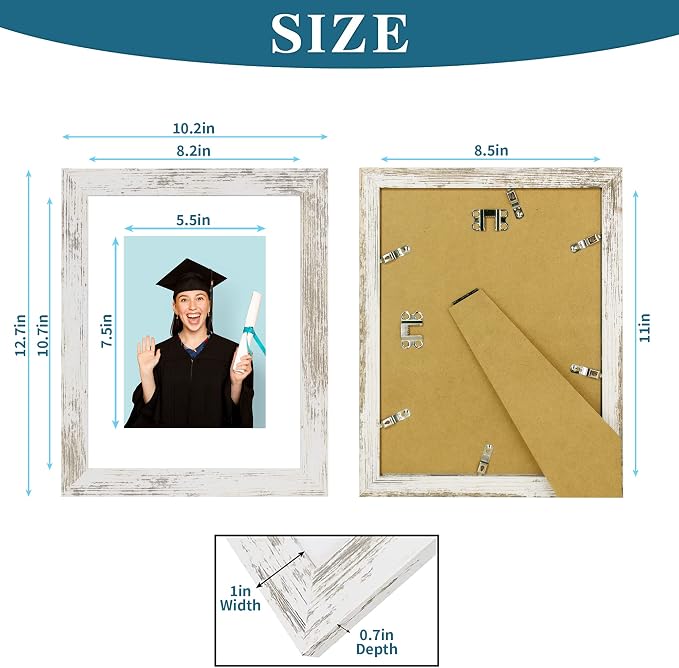 Hongkee 8.5 x 11 Picture Frame Set of 4, Made of Real Glass and Distressed White Certificate & Diploma Frame, 8.5 by 11 Photo for Wall or Tabletop - Display Picture 6x8 with Mat or 8.5x11 Without Mat
