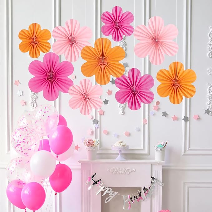 SUNBEAUTY 9 Pcs Hot Pink and Orange Paper Flowers Decorations for Wall, Spring Summer Vibrant Decorations for Wall Rock Party Girl Groovy Birthday Baby Shower Wedding Bachelorette Room Hanging Decor