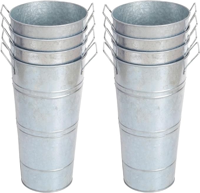 Notakia 10.62 Inch Galvanized Metal Vases Farmhouse French Flower Bucket Vases for Cut Flowers for Home Decor and Wedding Table Centerpiece Decorations (Medium Silver 8Pcs)