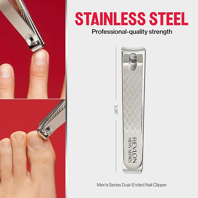 Revlon Dual-Ended Nail Clipper for Men, Straight and Curved Edges, for Fingernail and Toenail Trimming, Stainless Steel, 1 Count