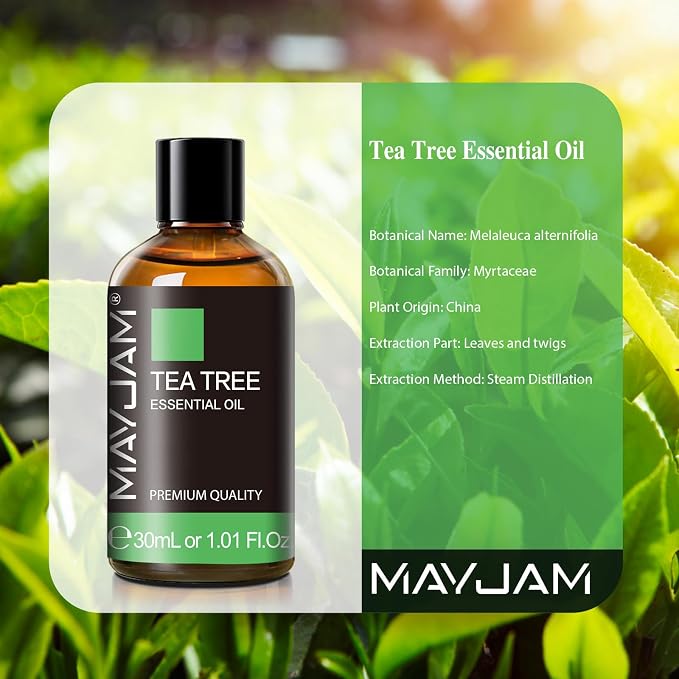 MAYJAM Tea Tree Essential Oil for Diffuser Soap Candle Making, 1.01fl.oz | Long Lasting Scents, Tea Tree Oil for Skin Face Nails Hair, Ideal for Home and Office