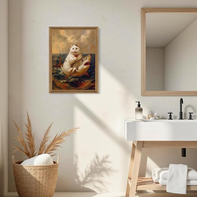 ICHZUMW Framed Funny White Cat Riding Shark Ocean Canvas Wall Art 16x24 In | Quirky Cat Drinking Wine Riding Shark Oil Painting, Humorous Bathroom Wall Decor, Bedroom Restroom Powder Room, Ready to Hang