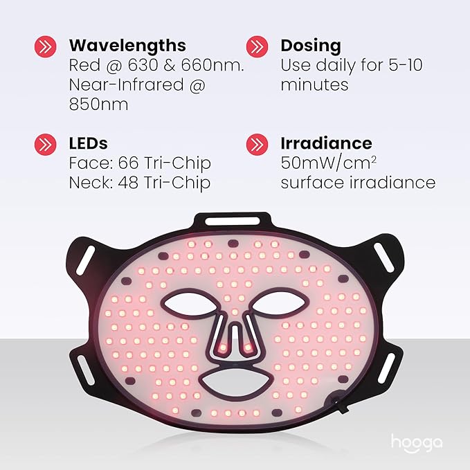 hooga Red Light Therapy LED Mask, Tri Chip LEDs, 630nm and 660nm Red, 850nm Near Infrared, Adjustable, Comfortable, USB Type-C Rechargeable for Wellness and Anti-Aging