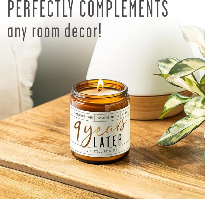 9 Year Gift for Anniversary for Her - '9 Years Later' Soy Candle, w/Sandalwood Rose - Infused w/Essential Oils I 9th Anniversary Wedding Gift for Wife I 50Hr Burn I USA Made