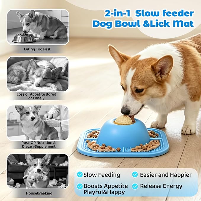 Slow Eating Dog Bowls & Lick Pad for Liquid & Creamy Snacks, Non-Slip Pet Lick Bowl with Interactive Rolling Ball, 5/6 Cup Puppy Lick Toy for Small Medium Large Dogs & Cats (Blue)
