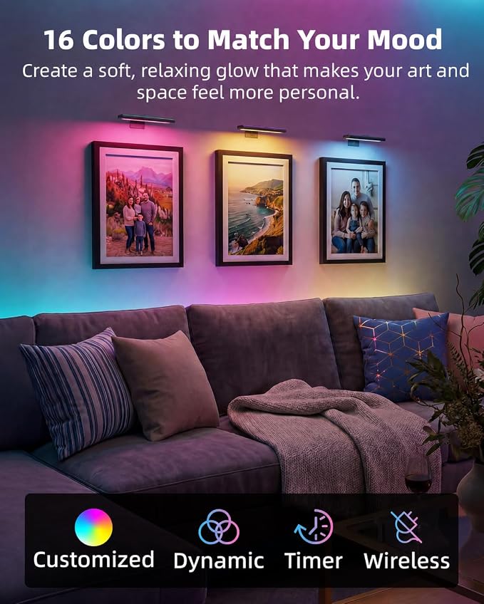 EZVALO RGB Picture Light for Wall, 2400mAh Wireless Rechargeable Color Changing Art Light with Remote, 16 Colors, Dimmable Magnetic LED Display Lights for Painting, Bedroom, Gaming Room (Black-3P)