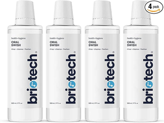 BRIOTECH Oral Swish, Hypochlorous Acid Mouthwash Rinse, Gentle Oral Care Hygiene, Fight Bad Breath, Support Against Plaque, Gum Irritation & Tender Gums, Alcohol & Fluoride Free, 17 fl oz (4 Pack)