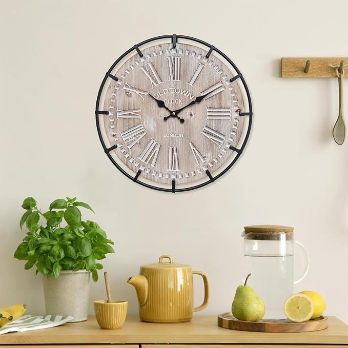 EMAX HOME 12 Inch Farmhouse Wall Clock Rustic Antique Wood with Metal Circle and Large Engraved Numerals, Silent Battery Operated Wall Clock for Office Kitchen Bedroom Living Room