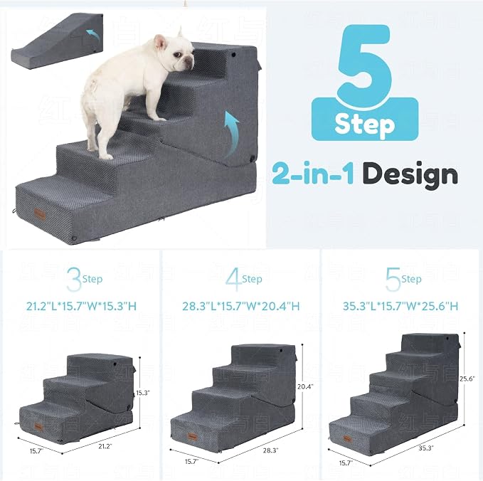 5-Step Dog Stairs and Ramp for Small Dogs and Cats, Pet Steps for High Bed with Non-Slip Bottom, Grey