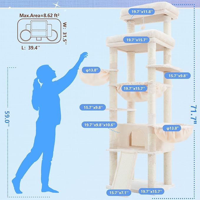 Hey-brother Cat Tree Tower with Extra Large Platform and Basket, MPJ080M | 71.7 Inches Scratching Posts with Specious Condo, 2 Cozy Hammocks, Scratch Board for Indoor Adult Cats, Maine Coon Beige