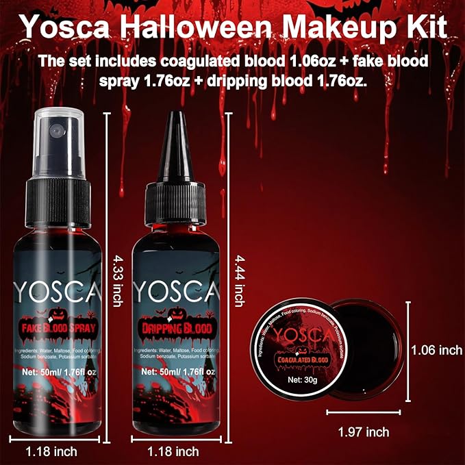 Yosca 3Pcs Halloween Fake Blood, Realistic Washable Fake Blood Spray, Dripping, Coagulated Halloween Makeup Kit, Face Body Paint Special Effects Makeup for Clown Zombie Bride Vampire Monster Cosplay