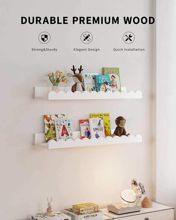 Shario Nursery Book Shelves, 4-Pack White Floating Shelves for Wall Kids, Scalloped Shelves, Wall Book Shelves for Bedroom Kids, Toddler Room, Baby Room, Nursery Decor