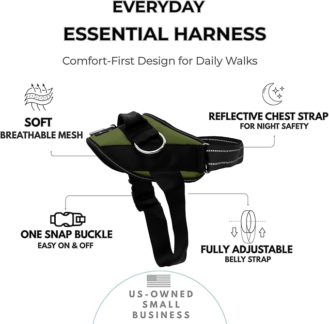 ShawnCo Essential Dog Harness, No-Pull Pet Vest (Olive Green,L) | 3 Leash Clips, Easy On, No-Choke, Reflective, Adjustable Fit, Padded Comfort, Control Handle, For Small, Medium & Large Dogs