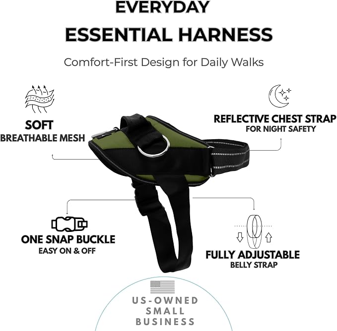 ShawnCo Essential Dog Harness, No-Pull Pet Vest (Olive Green,XS) | 3 Leash Clips, Easy On, No-Choke, Reflective, Adjustable Fit, Padded Comfort, Control Handle, For Small, Medium & Large Dogs