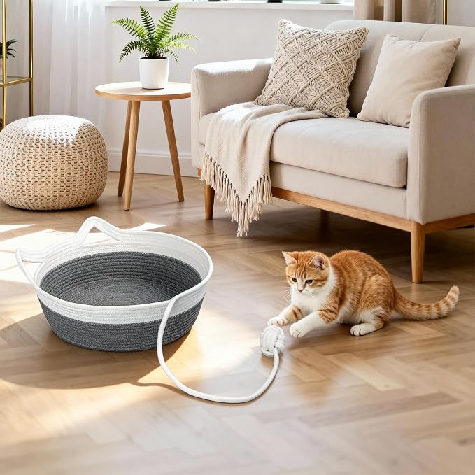 Cotton Rope Woven Cat Bed Basket, Cat Beds for Indoor Cats | Hand woven pet bed with toy tail, fits indoor cats, small puppies & rabbits, soft woven sofa sleeping basket for small pets