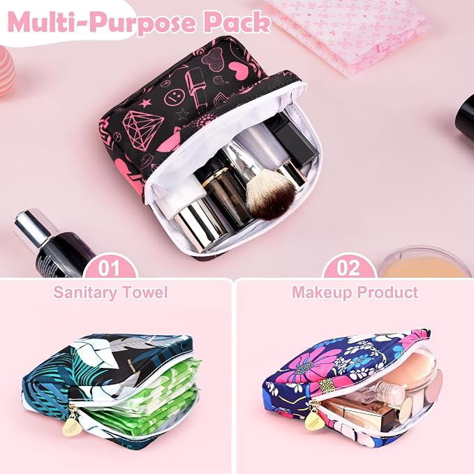 Period Bag for Girls Polyester Period Pouch Pad Bag First Period Kit for Teen Pads/Sanitary Napkins/Small Tampons, Feminine Hygiene Organizer for Women (Pink Flowers)