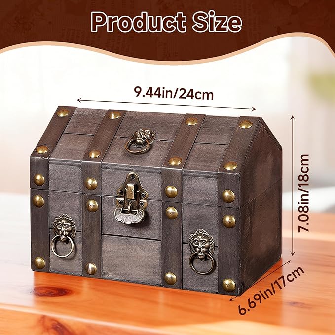 Large Vintage Wooden Treasure Chest Antique Box with Metal Lock | Wood Jewelry Box Storage Decorative Boxes Handmade Rectangle Organizer for Women Ring Necklace Earring Coins Collectibles