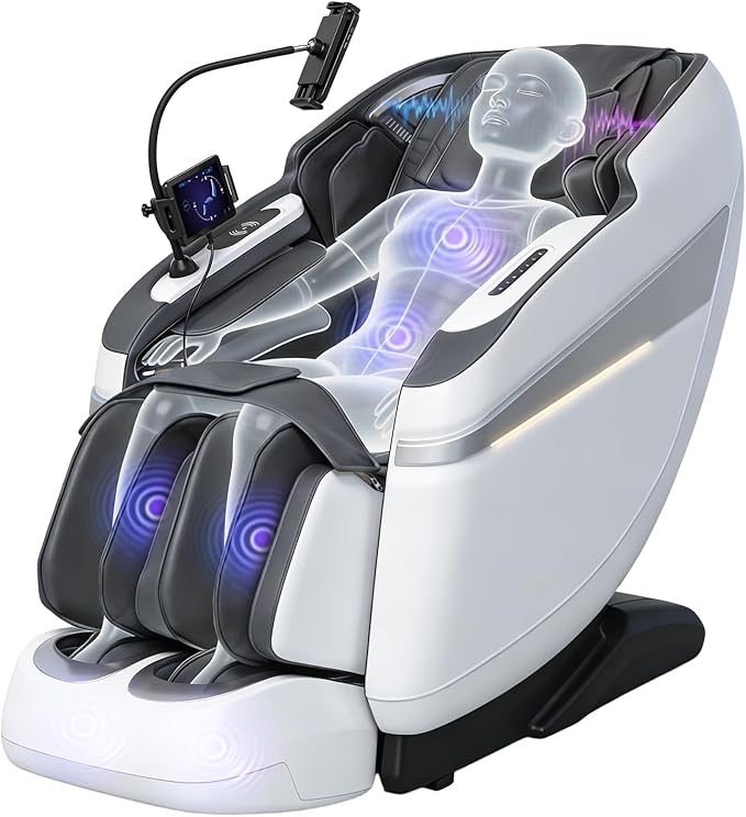 4D Music Rhythm Massage Chair Full Body Recliner, 2025 Unique Sonic Resonance Zero Gravity SL-Track Shiatsu with Knee Heating Blanket AI Voice Bluetooth Foot Roller Body Scan Airbags G9 White