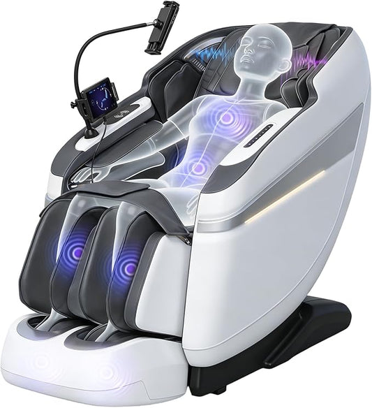 4D Music Rhythm Massage Chair Full Body Recliner, 2025 Unique Sonic Resonance Zero Gravity SL-Track Shiatsu with Knee Heating Blanket AI Voice Bluetooth Foot Roller Body Scan Airbags G9 White