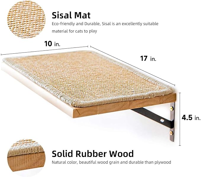 FUKUMARU Cat Wall Shelves, 17 x 10 Inch, Sisal Mat | Solid Rubber Wood Floating Shelf with Upgraded Installation, Kitten Wall Furniture for Sleeping, Playing and Scratching