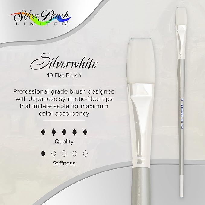 Silver Brush Limited 150110 Silverwhite Flat Brush, Watercolor, Acrylics, Gouache, or Oil Brush, Size 10, Long Handle