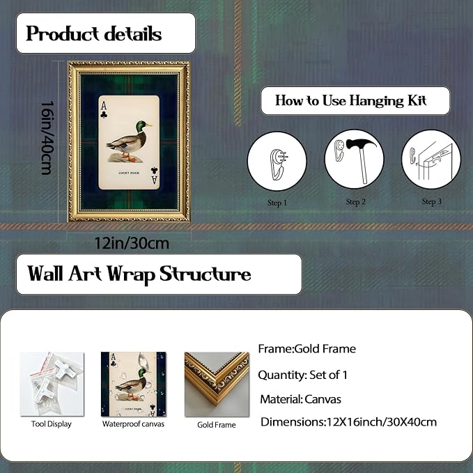 Gold Framed Vintage Mallard Duck Wall Art, Hunting Lucky Duck Wall Decor Picture Dark Wildlife Playing Card Canvas Print Painting for Farmhouse Bedroom Living Room 12x16 inch