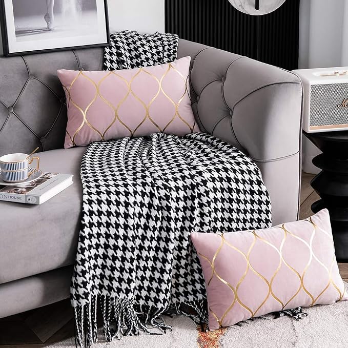Gold Velvet Throw Pillow Covers: 2 Pack 12x20 Inch Rectangular Decorative Pillow Cases for Bedroom Sofa Couch Living Room, Pink