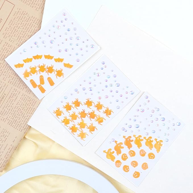 Halloween Orange Face Stickers Gems for Makeup, 3 Sheets Pumpkin Spooky Spider Witch Face Glitter Rhinestone jewels, Self Adhesive Face Eye Nail Body Gems Stick on for Boo Rave Festival Accessories