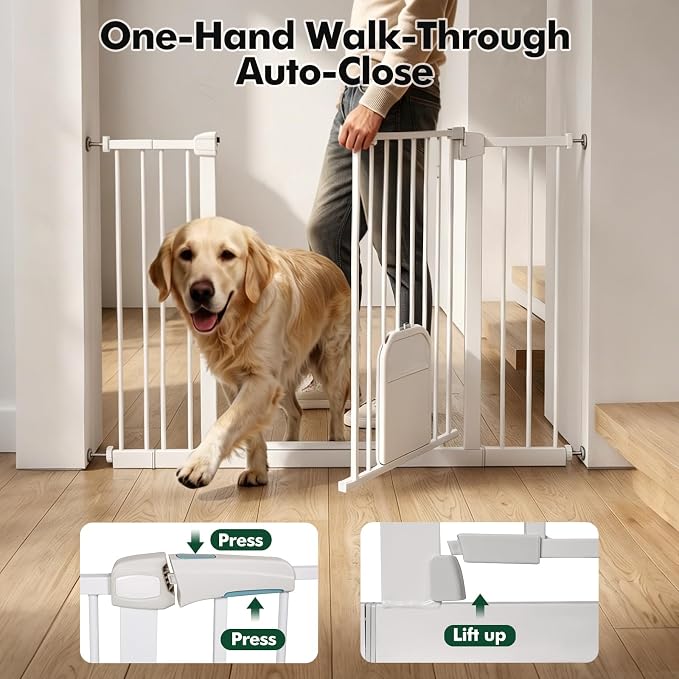 31-46“ Metal Pet Gate with Cat Door, Auto Close,White | Pressure Mounted,Two-way swing door,Pressure mounted no drill setup,adjustable 31-46in width for indoor doorways & stairs