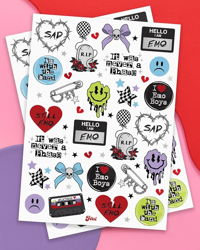xo, Fetti Emo Temporary Tattoos - 54 Styles | Birthday Decorations, Grungy Accessory, Party Favors, Goth, Punk Rock, Dark Aesthetic, Sad Girl Accessories, Music Festival, Concert, Emo Night Supplies