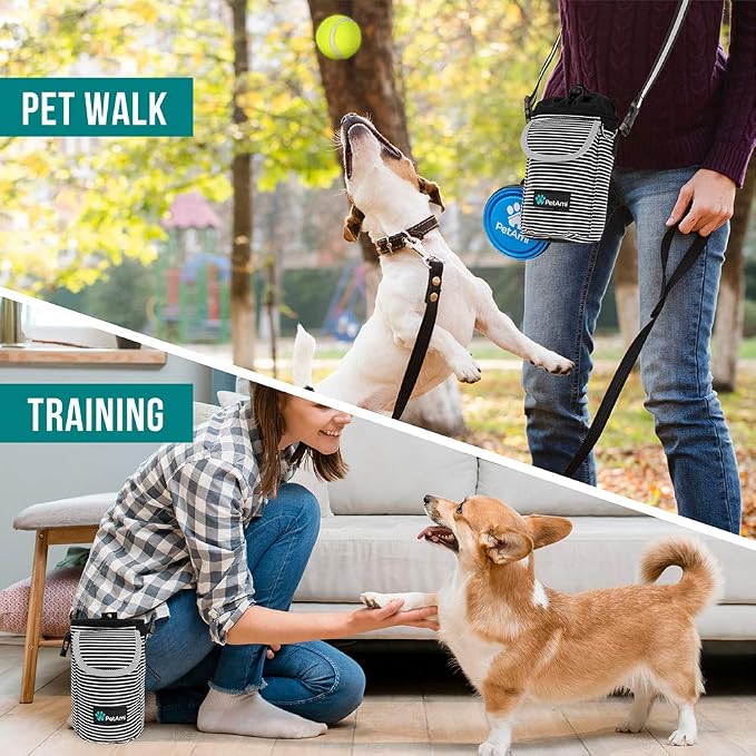 PetAmi Dog Treat Pouch, Large Hands-Free Training Bag, Stripe Black