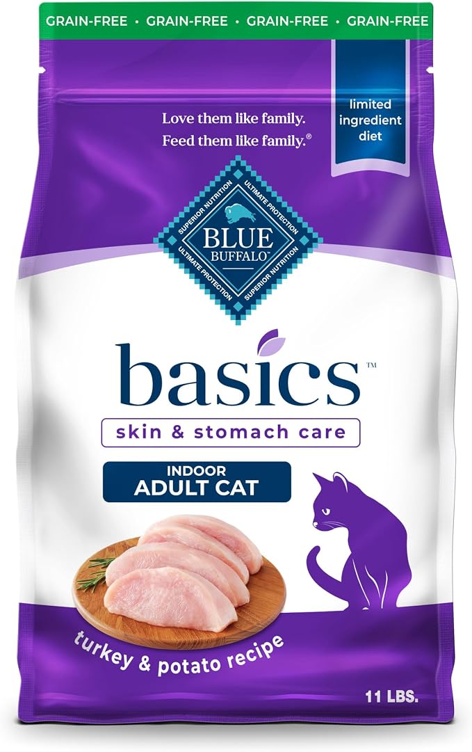 Blue Buffalo Basics Turkey Grain-Free Dry Cat Food, 11 lb | Skin & Stomach Care, Real Turkey #1 Ingredient, Limited Ingredient Diet, Antioxidant-Rich LifeSource Bits, Skin & Coat Health