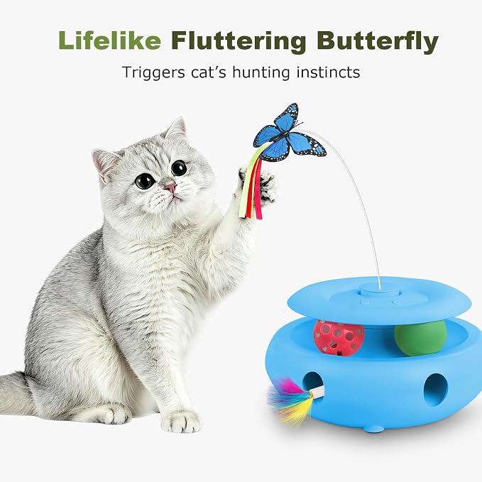 Interactive Cat Toy for Indoor Cats, 3-in-1 Automatic Kitten Toys with Fluttering Butterfly, Ambush Feather and Track Balls, USB Rechargeable Cat Enrichment & Exercise Toy