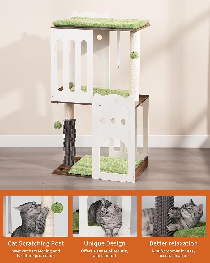 43.7in 3-Tier Modern Cat Tree Tower Condo, Cat Scratch Posts for Indoor Cats, Big Plate, Two 19.7in Full Sisal Scratching Posts, White