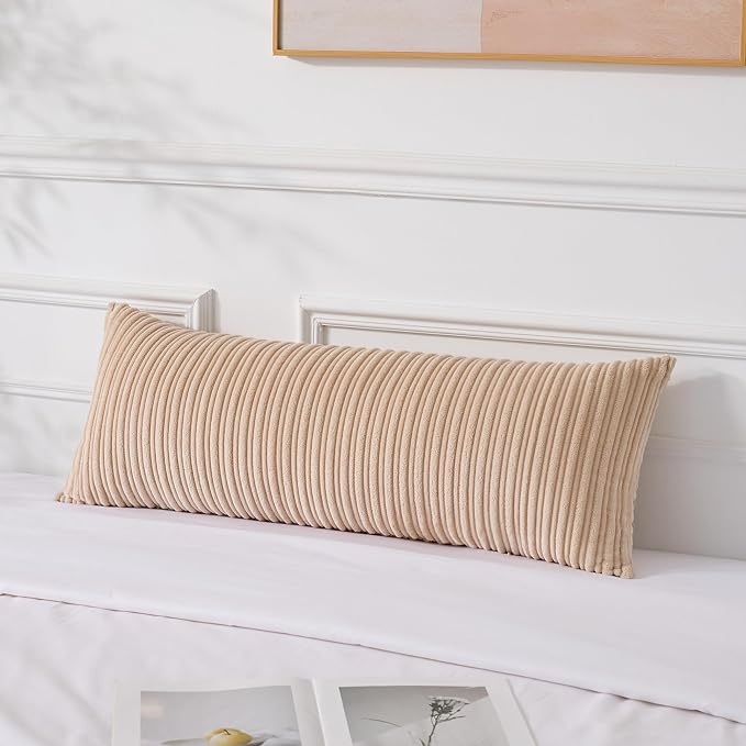 UGASA 14x36 Inch Pillow Cover Pack of 1 Soft Boho Stripe Corduroy Large Long Rectangular Lumbar Cushion Cover Farmhouse Decorative Throw Pillowcase for Bed, Couch, Sofa, Bedroom, Living Room, Beige