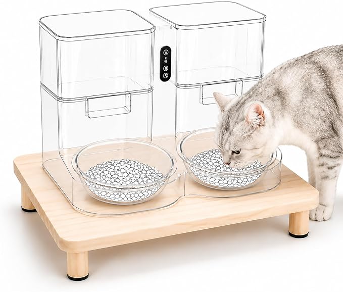 Extra Large Cat Food Stand, Wood Cat Feeder Stand 15.8 x 12.9 in | Cat Feeding Station, 2.56 in Raised Platform, Dual-Bowl Feeder & Water Dispenser Fit, Solid Wood, Tool-Free Assembly
