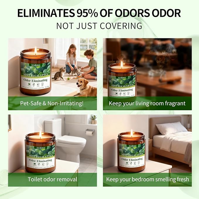 Mint Eucalyptus Odor Eliminating Candles | Eliminates 95% of Pet, Smoke, Food, and Other Smells Quickly – 7 oz Soy Candle for Home Scented - Air Freshing Scented Candles Gifts for Women Men