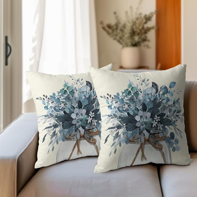 Kawani Blue Eucalyptus Throw Pillow Covers Set of 2, 20x20 Inch Leaves Mason Jar Farmhouse Pillowcases Double Sided Cotton Linen Cushion Cover for Couch Sofa Car Outdoor Home Decor