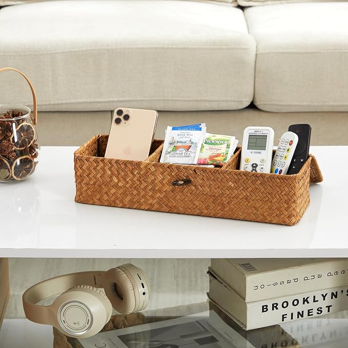 Nonam Seagrass Storage Small Basket with Lid - 3-Section Divided Organizer for Tea,Sugar,Coffee,Tampons - Woven Shelf Bin for Closet, Toilet Tank - Rectangular Narrow Boho Basket Home Decor