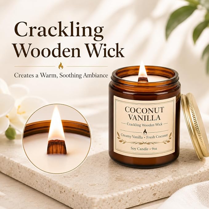 Coconut Vanilla Scented Candles for Home, 9oz Long Burning Soy Candles for Women, Wood Wick Natural Non Toxic Candle Jar, Aromatherapy Candle Gift for Home Bedroom Bathroom Office