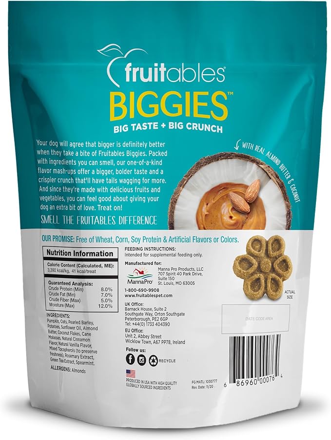 Fruitables Biggies Dog Biscuits, Pumpkin Treats for Dogs, Healthy Doggie Biscuits, Crunchy Treats, No Wheat, Corn or Soy, Made in The USA, Almond Butter and Coconut Flavor, 16oz (Pack of 2)