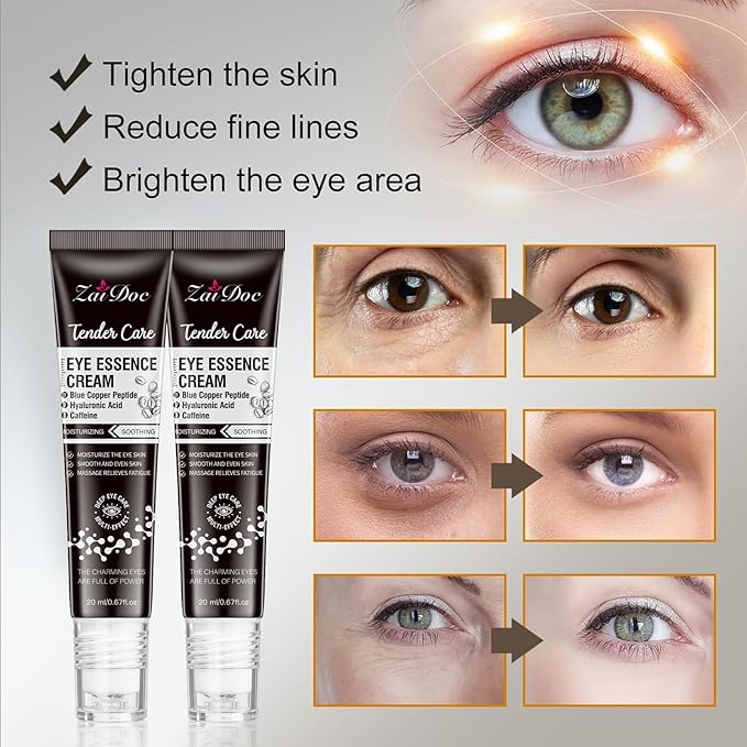 3Pcs Caffeine Eye Cream, 5 in 1 with Blue Copper Peptide, 360° Massage Roller Ball Eyes Serum, Anti Aging for Reduce Wrinkles, Puffiness and Bags Under Eyes, Moisturizes for All Skin, 0.67oz*3
