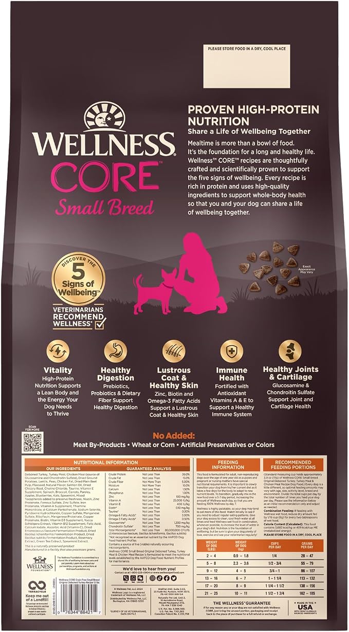 Wellness CORE Small Breed Adult Dry Dog Food, Grain Free Kibble, Natural, High Protein, Turkey and Chicken Recipe, 12 lb Bag