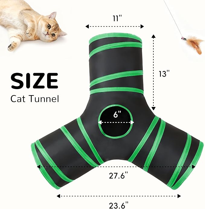 Tempcore Cat Tunnel, 3-Way Collapsible Toy for Indoor Cats, Black & Green