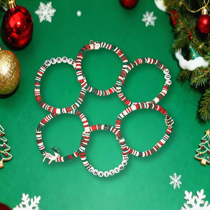 Go Ho Christmas Glitter Gel and Bracelets Kit, 6PCS Red White Green Beaded Bracelets with Face Glitter Makeup for Body & Hair, Fun Christmas Gifts for Women and Teens